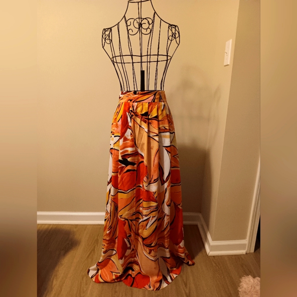 NWTS Plus-size Watercolor Tropical Leaf Maxi Skirt& Coral Tassel Hoop Earrings2X